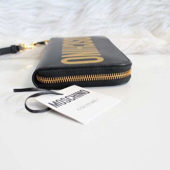 Moschino Black Gold Logo Continental Zip Around Wallet Wristlet New - Picture 7 of 13